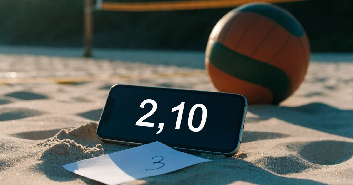 Ein Volleyball liegt auf dem Sand eines Beachvolleyball-Feldes neben dem gespannten Netz, im Hintergrund eine leere Tribüne bei Abendlicht.