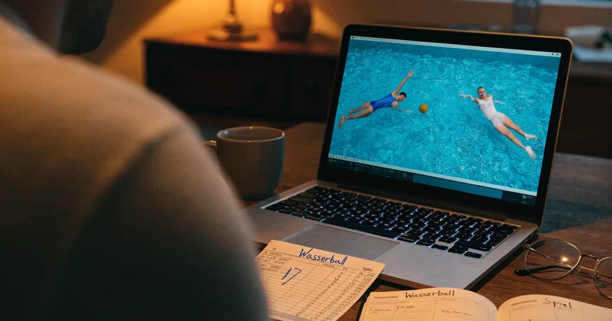Ein Schwimmbecken mit türkisfarbenem Wasser und zwei schwimmenden Torrahmen am gegenüberliegenden Beckenrand, menschenleer unter Hallenlicht.