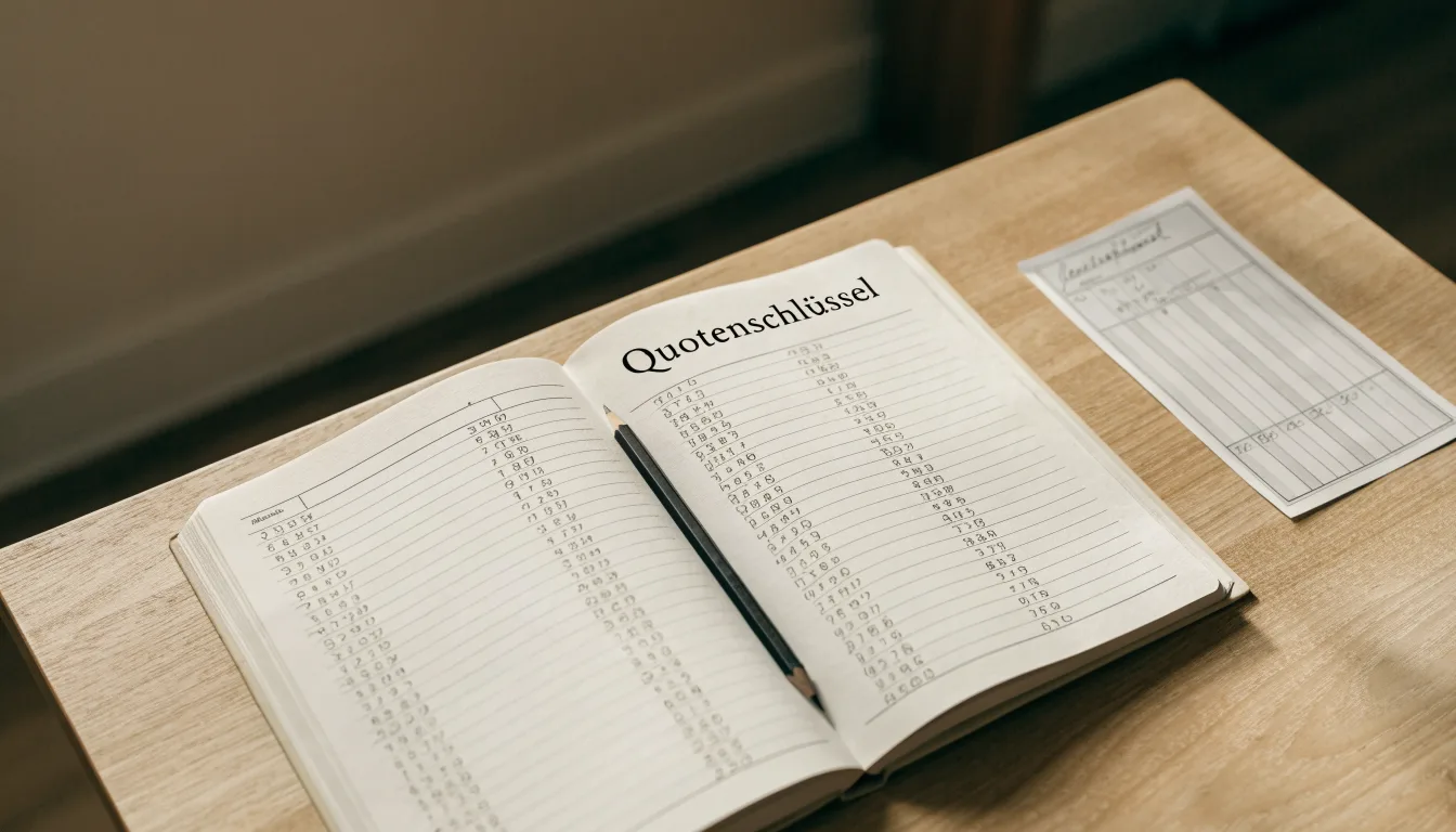 Ein Notizbuch mit handschriftlichen Spalten und einem Bleistift liegt auf einem Schreibtisch neben einem Taschenrechner.