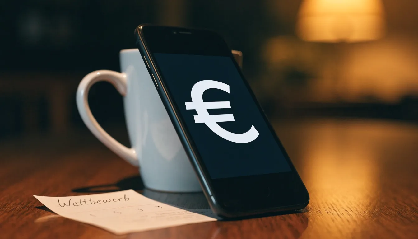 Ein Smartphone mit dunklem Bildschirm lehnt an einer Kaffeetasse auf einem Holztisch, daneben ein blanker Papier-Wettschein.
