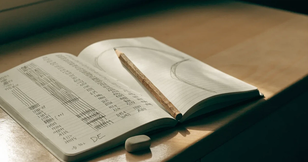 Ein Notizbuch mit handgezeichneten Kurven und Strichlisten liegt aufgeschlagen neben Bleistift und Radiergummi auf einem Schreibtisch im Tageslicht.