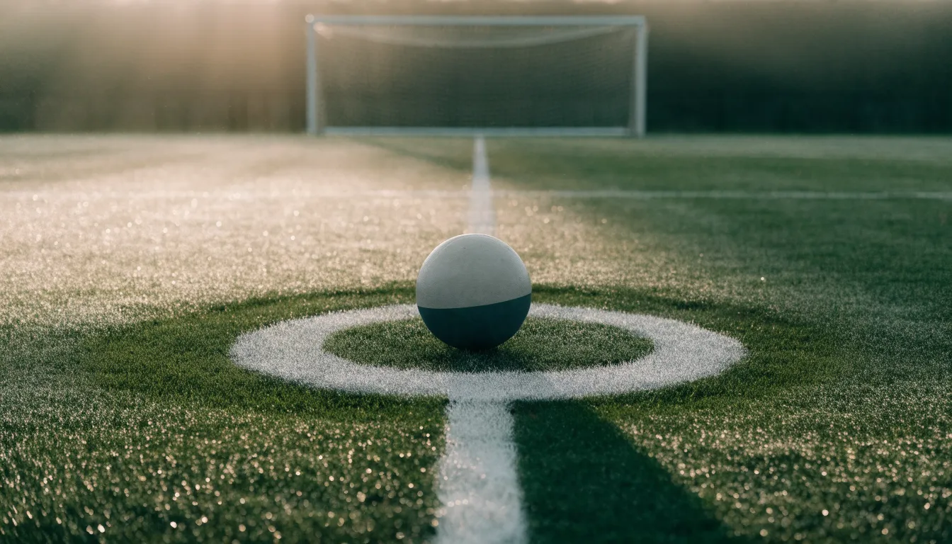 Ein Fußball liegt auf dem Anstoßpunkt eines Rasenplatzes im ersten Morgenlicht, Tau glänzt auf dem Gras.