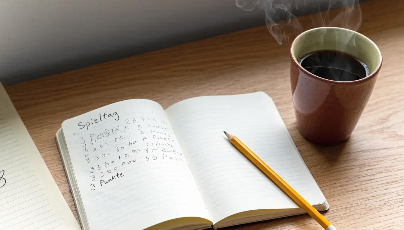 Ein Taschenrechner und ein Bleistift liegen auf einem handbeschriebenen Notizblock neben einer Tasse Kaffee.