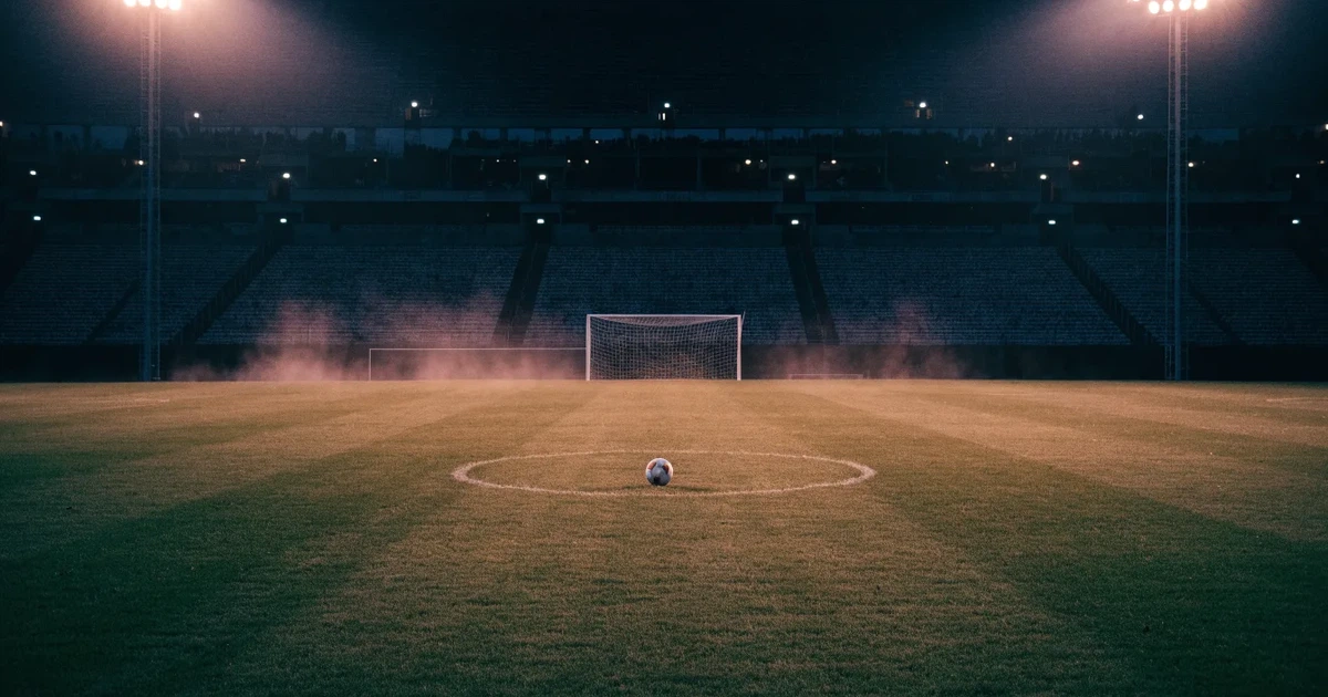 Ein Rasenplatz in der Dämmerung mit eingeschalteten Flutlichtmasten, ein Ball liegt am Anstoßpunkt, die Tribünen im Hintergrund sind unscharf.