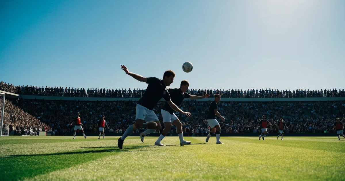 Ein Fußballstadion mit hellen Rängen unter strahlend blauem Himmel, davor ein sonnenbeschienener Rasen mit frisch gemähten Streifen.