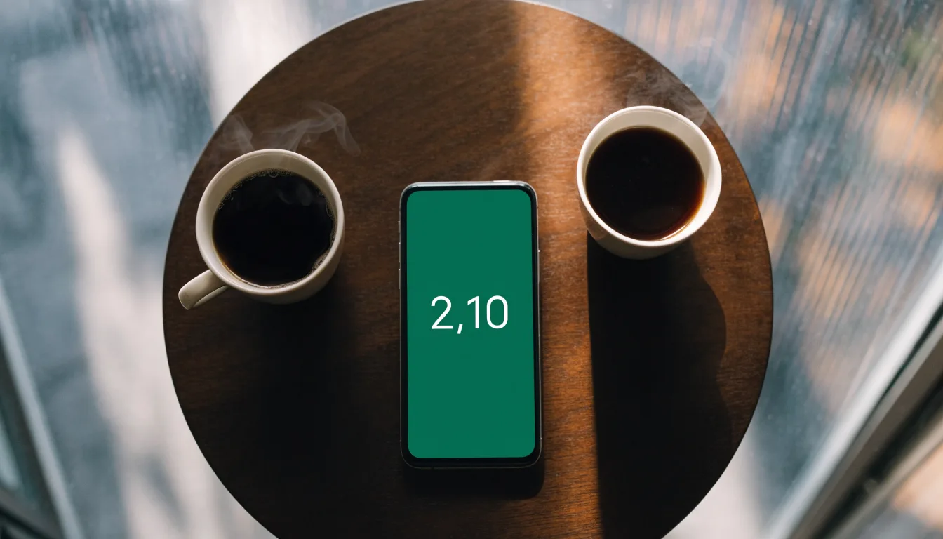 Zwei Kaffeetassen und ein dunkles Smartphone stehen auf einem Café-Tisch am Fenster im Morgenlicht.