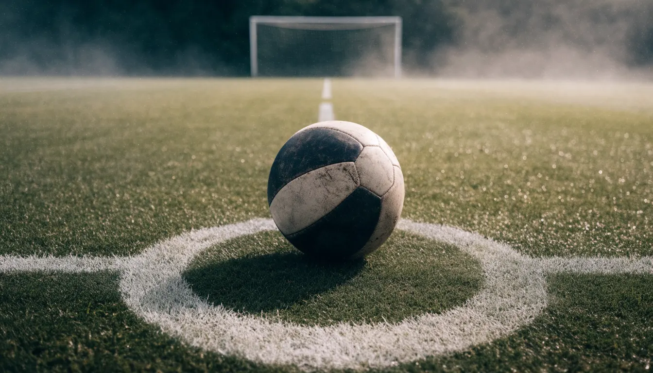 Ein abgewetzter Fußball liegt auf dem Anstoßkreis eines Naturrasens im Morgennebel.