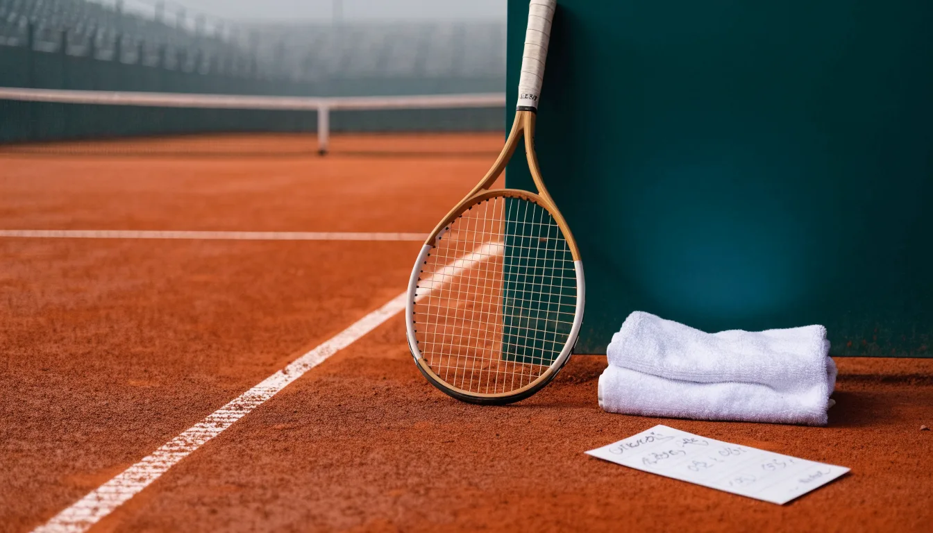 Ein Tennisschläger lehnt an einer dunkelgrünen Bande ohne Aufschrift auf einem Sandplatz, daneben liegt ein Handtuch.