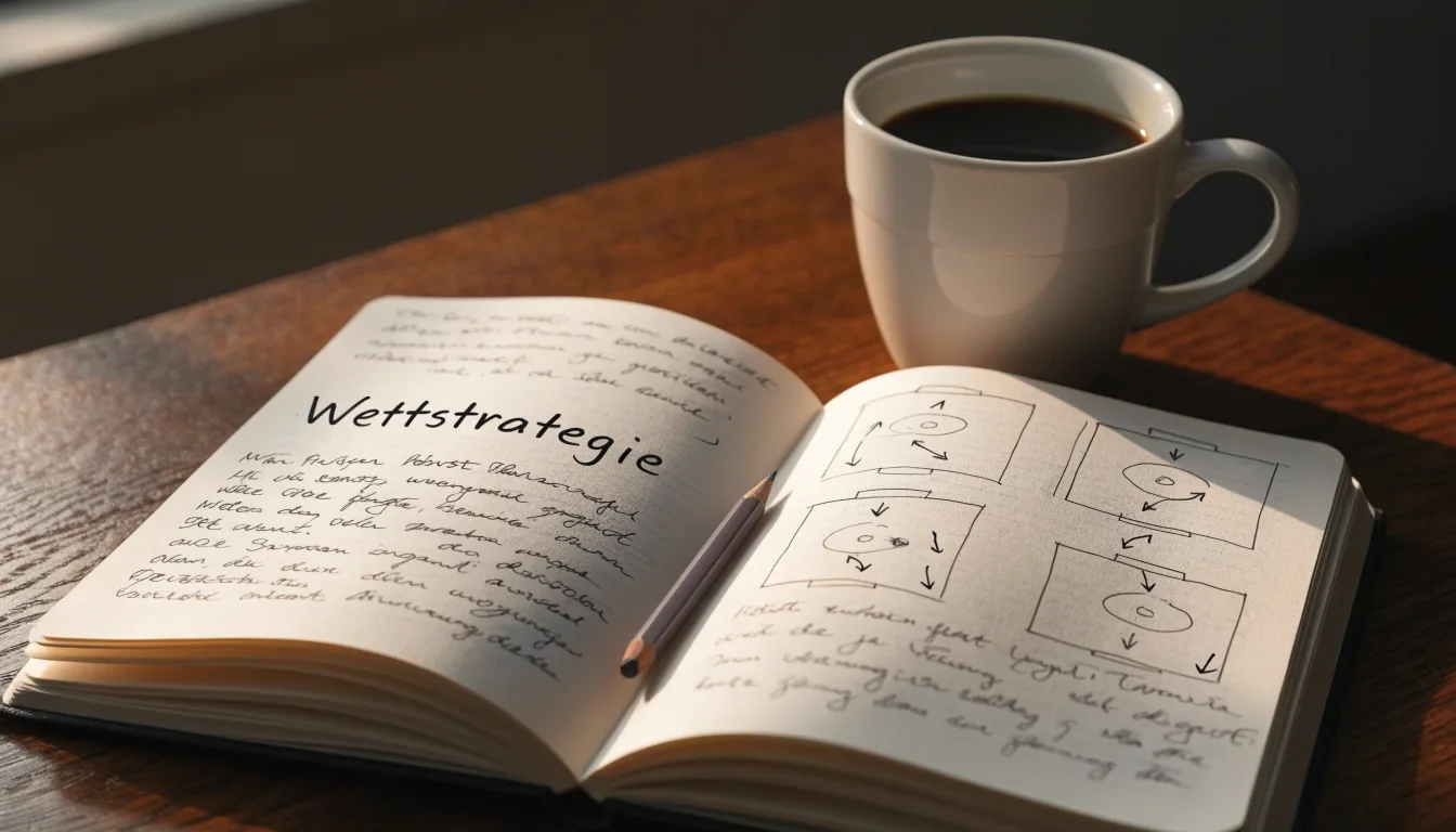 Ein aufgeschlagenes Notizbuch mit handschriftlichen Skizzen liegt neben einem Bleistift auf einem Holztisch, daneben eine Tasse Kaffee.