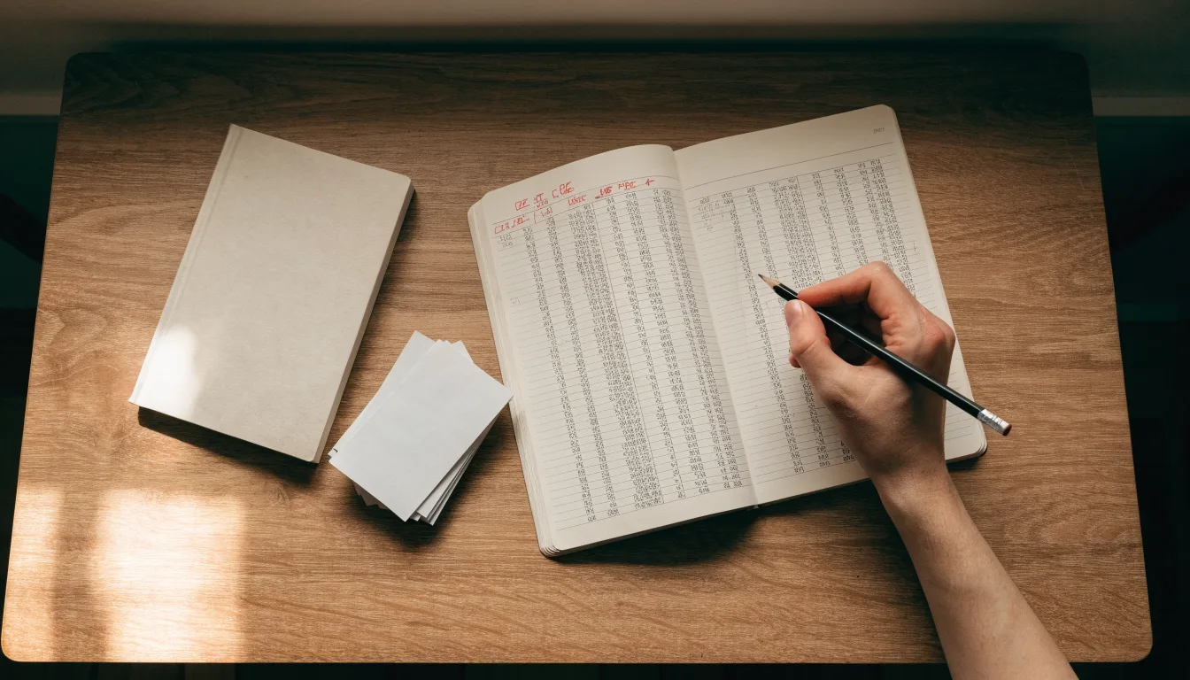 Ein Taschenrechner und ein Bleistift liegen auf einem Schreibtisch neben einem aufgeschlagenen Notizbuch mit handschriftlichen Zahlenreihen.