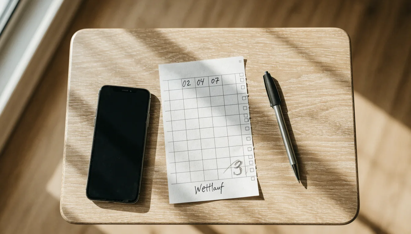 Ein leerer Papier-Wettschein liegt neben einem Smartphone mit dunklem Display auf einer hellen Tischplatte, daneben ein Kugelschreiber.