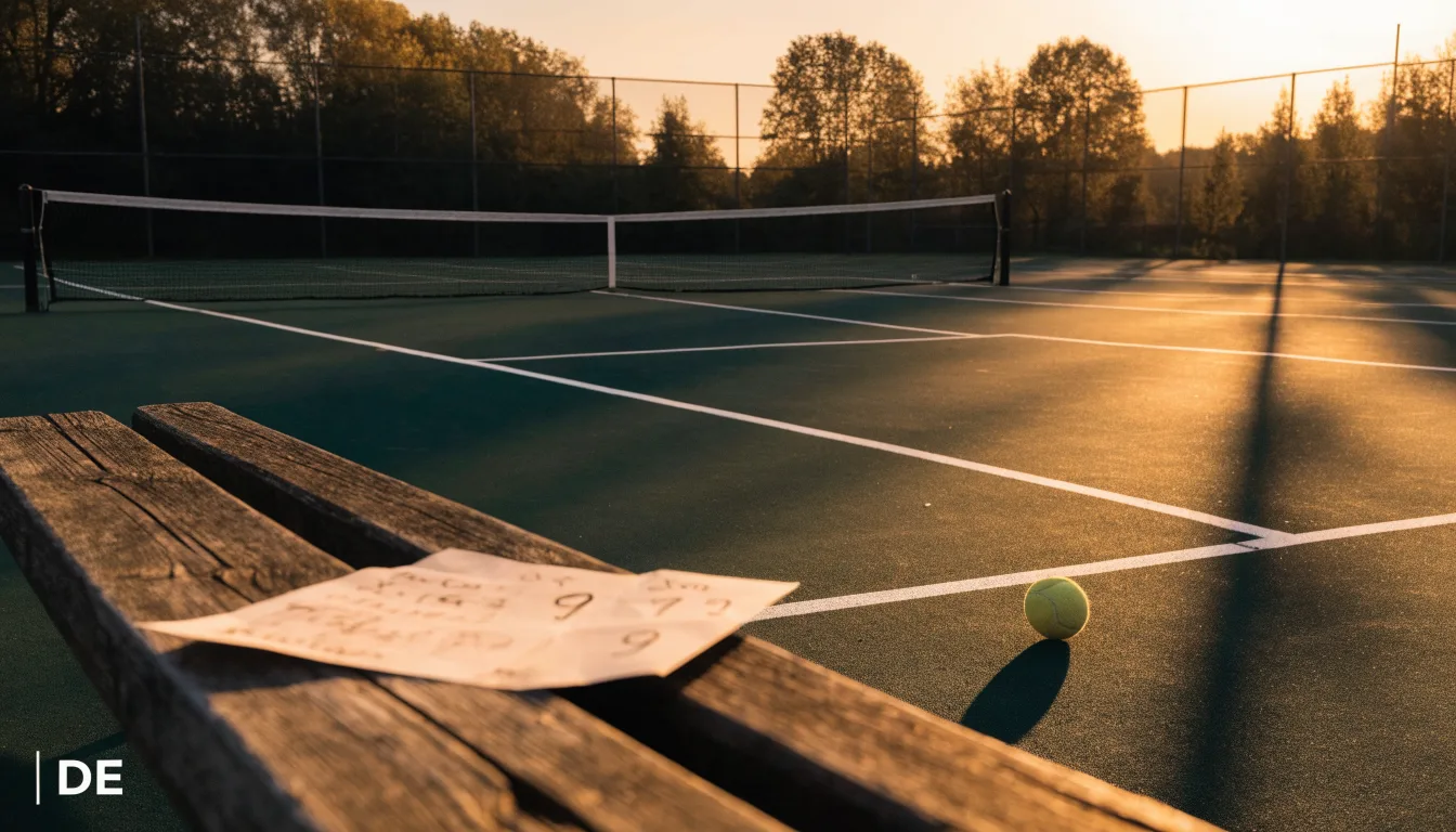 Ein Tennisplatz bei Sonnenaufgang, Netz und Grundlinien im weichen Licht, niemand ist zu sehen.