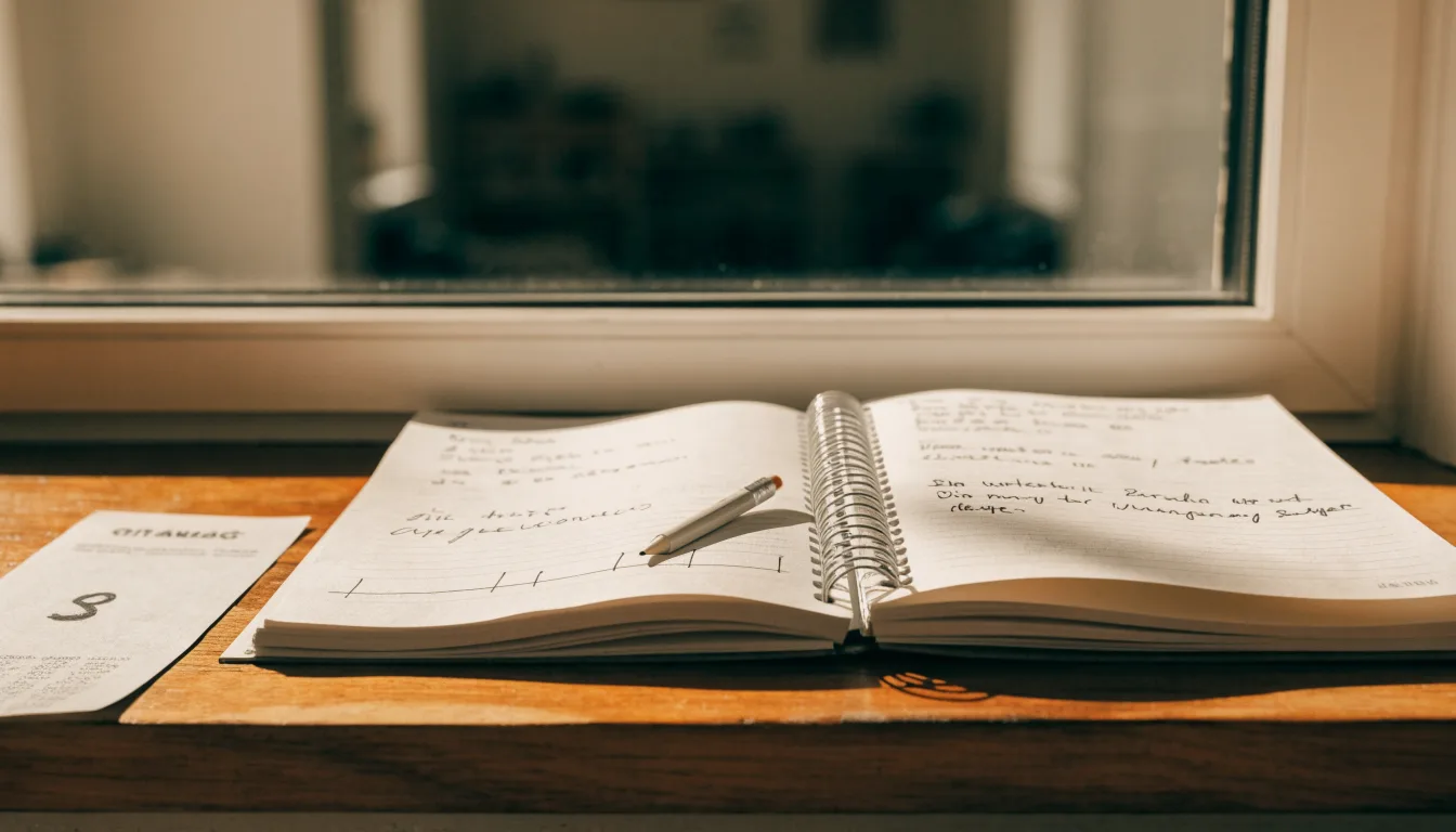 Ein aufgeschlagenes Notizbuch mit handschriftlichen Skizzen und ein Bleistift liegen auf einer Fensterbank im Tageslicht.