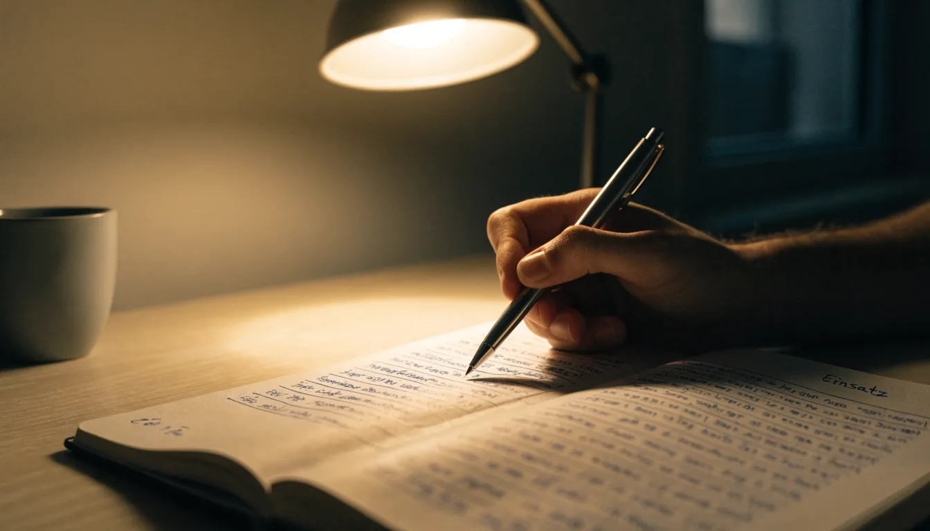 Ein Taschenrechner und ein Notizbuch mit handschriftlichen Zahlenreihen liegen auf einem Schreibtisch unter einer Lampe.