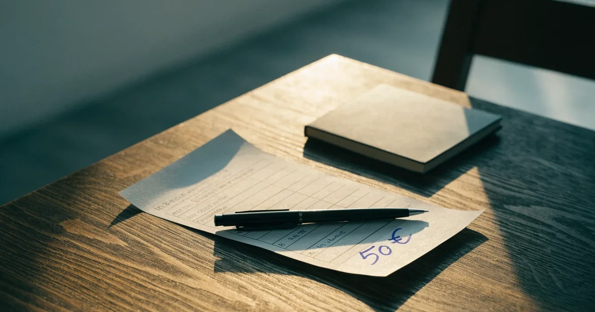 Ein leerer Papier-Wettschein und ein Kugelschreiber liegen auf einem Holztisch, daneben ein kleiner Stapel Münzen im Morgenlicht.