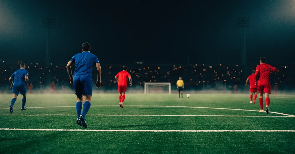 Ein leeres Stadion unter Flutlicht aus großer Entfernung gesehen, Dunst liegt über dem Rasen, die Tribünen sind nur als Lichtpunkte erkennbar.