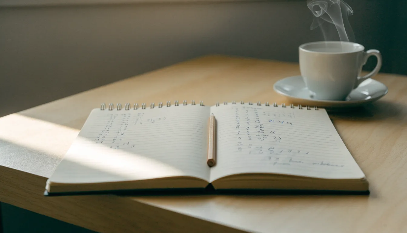 Ein aufgeschlagenes Notizbuch mit handschriftlichen Skizzen und ein Bleistift liegen auf einem Schreibtisch neben einer Tasse Tee.