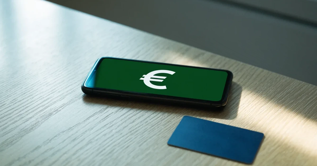 Eine Plastikkarte ohne Aufdruck liegt neben Münzen und einem Smartphone mit dunklem Display auf einem hellen Tisch.