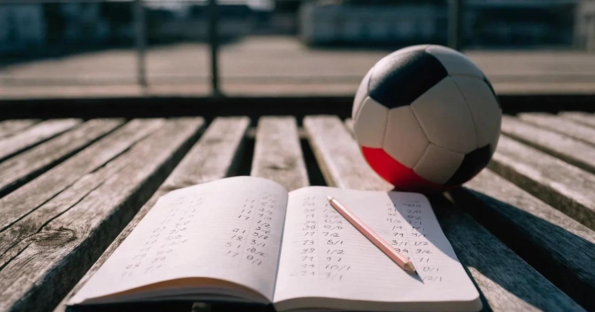 Ein Notizbuch mit handschriftlichen Zahlenkolonnen und ein Bleistift liegen neben einem Fußball auf einer Holzbank.
