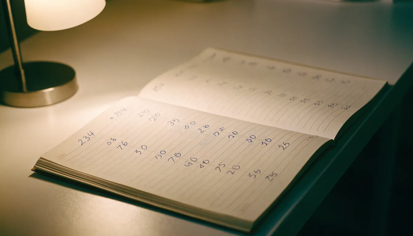 Ein Taschenrechner und ein aufgeschlagenes Notizbuch mit handschriftlichen Zahlenreihen liegen unter einer Schreibtischlampe.