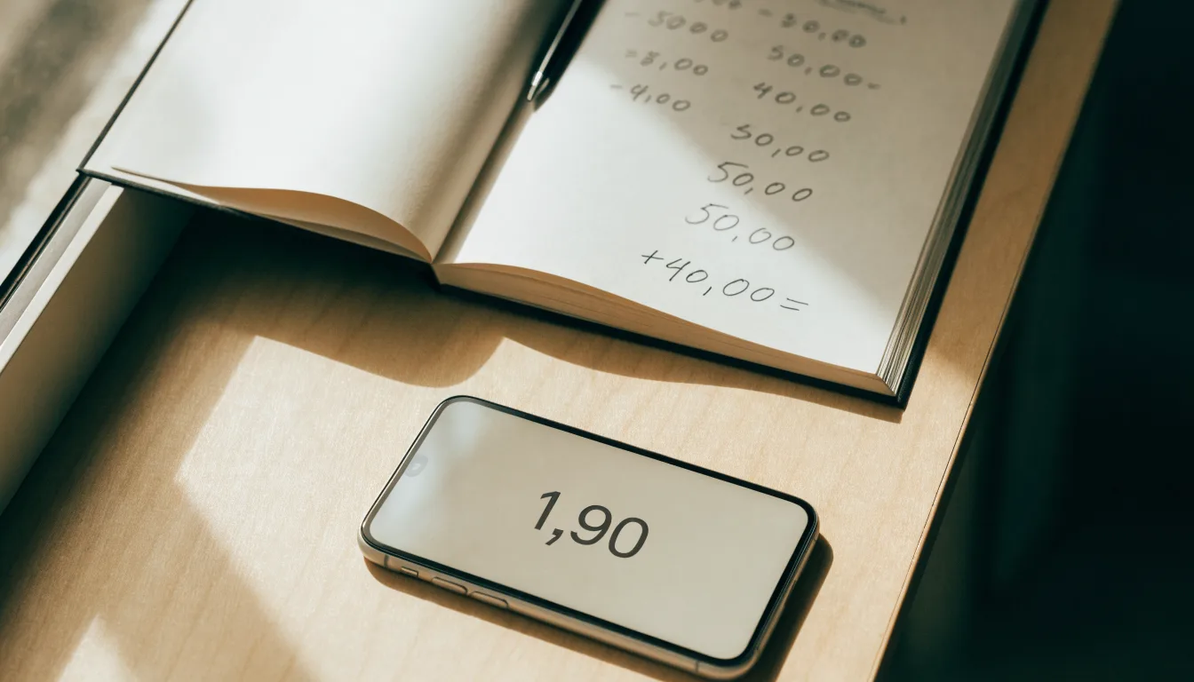 Ein Taschenrechner und ein aufgeschlagenes Notizbuch mit handschriftlichen Zahlenreihen liegen unter einer Schreibtischlampe.