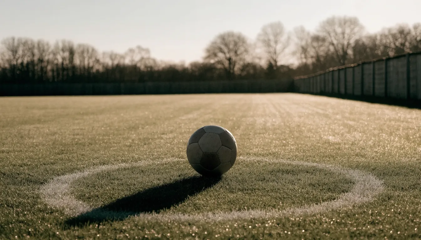 Ein Fußball liegt allein auf dem Anstoßpunkt eines leeren Rasenplatzes im Morgenlicht, am Rand ein niedriger Zaun.