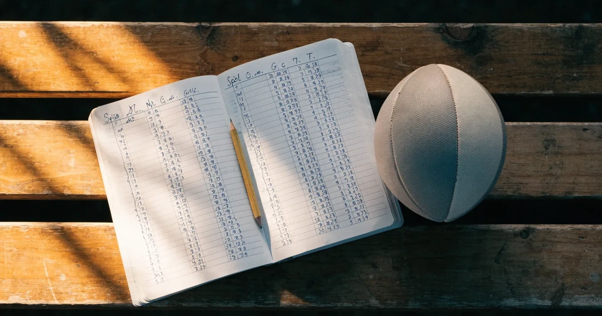 Ein Notizbuch mit handschriftlichen Zahlenkolonnen und ein Bleistift liegen neben einem Fußball auf einer Holzbank.