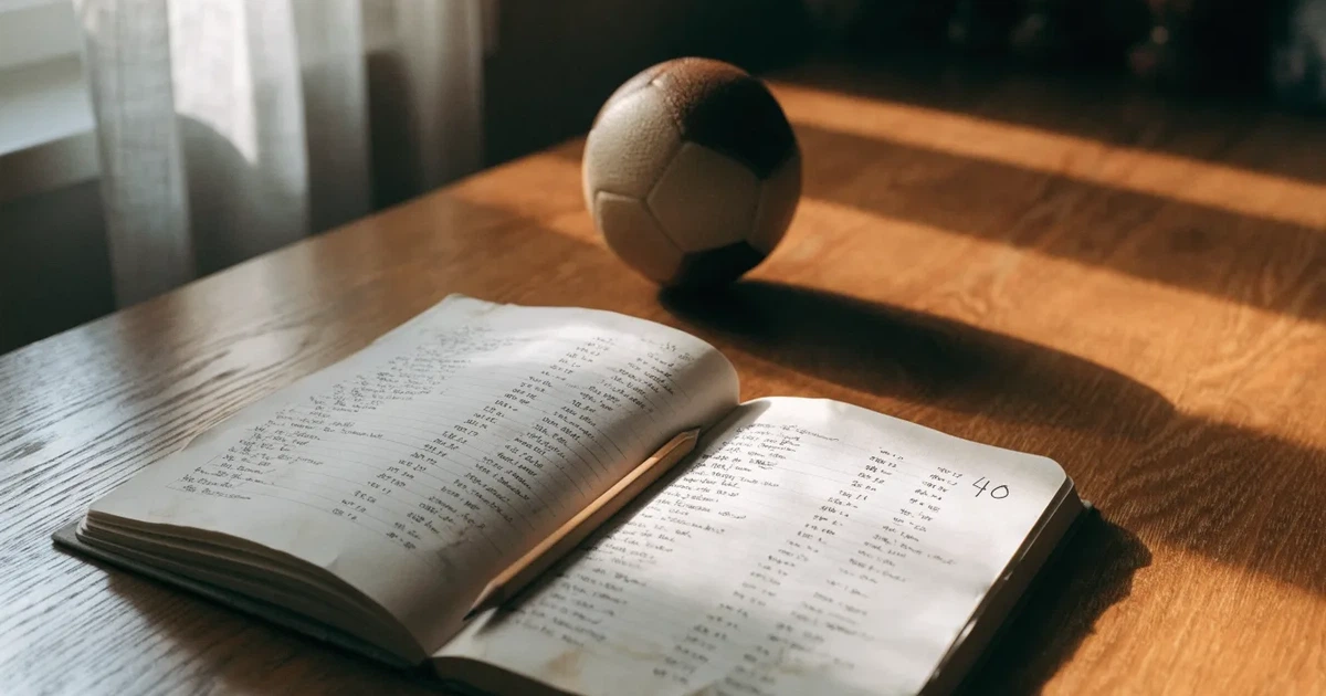 Ein Notizbuch mit handschriftlichen Notizen und einem Bleistift liegt auf einem Holztisch, daneben ein kleiner Fußball im weichen Tageslicht.
