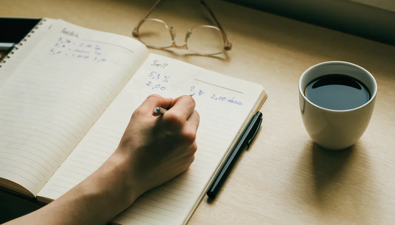 Ein Notizbuch mit handschriftlichen Rechnungen und ein Taschenrechner liegen auf einem hellen Schreibtisch neben einer Kaffeetasse.