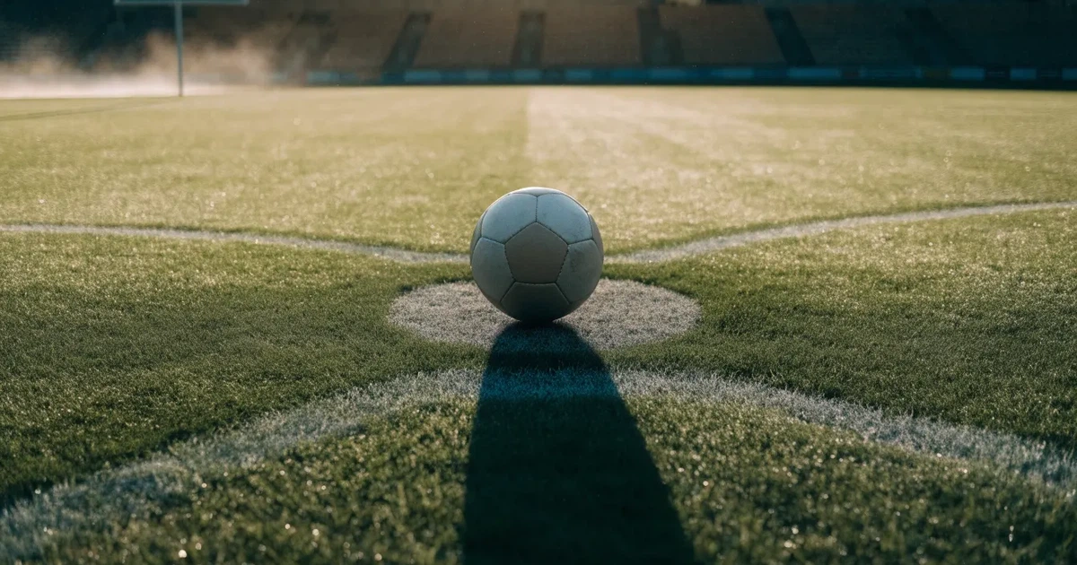 Ein Fußball liegt auf dem Anstoßpunkt eines Rasenplatzes, dahinter leere Tribünen im Licht des frühen Morgens.