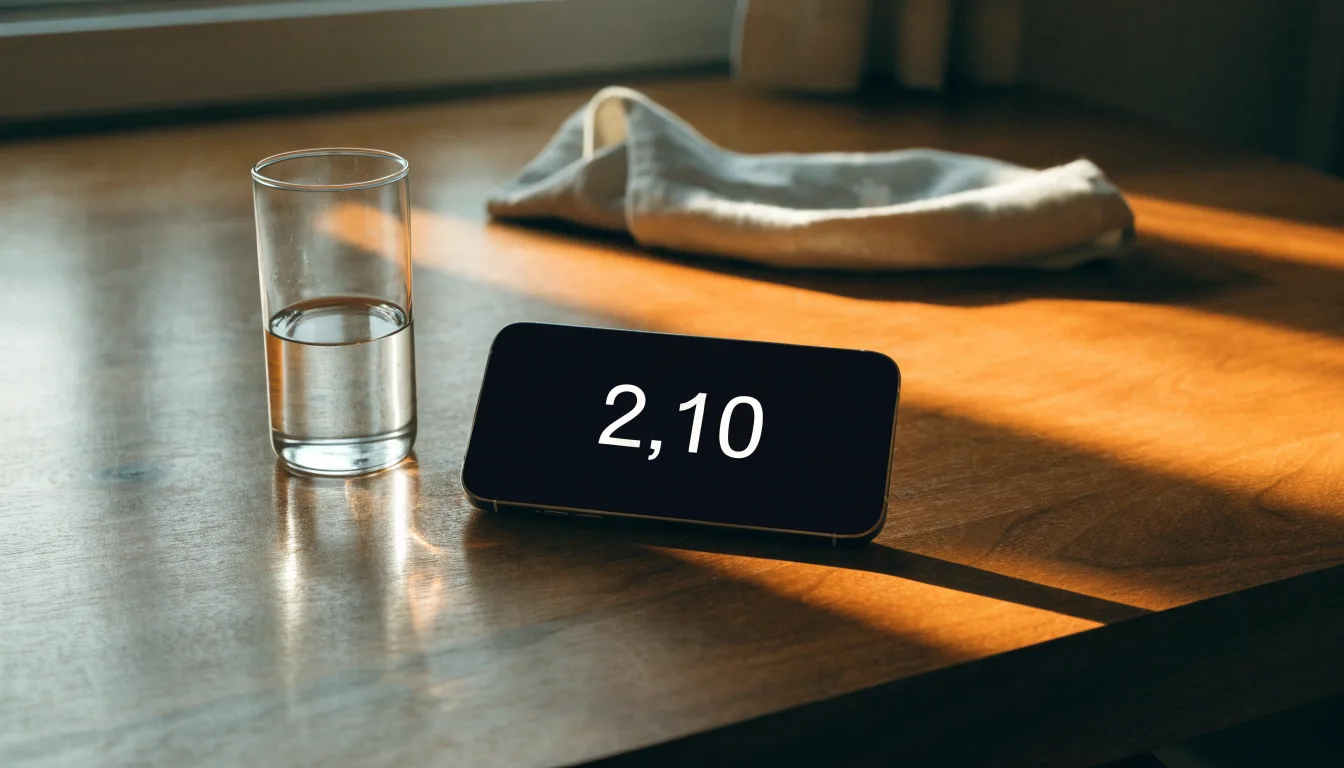 Ein Smartphone liegt mit dem Display nach unten auf einem Holztisch neben einem Glas Wasser, Abendlicht fällt durch ein Fenster.