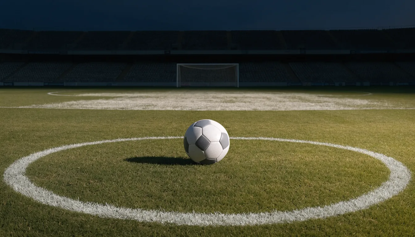 Ein Fußball liegt auf dem Anstoßpunkt eines leeren Rasenplatzes, dahinter ragen dunkle Ränge in den Abendhimmel.