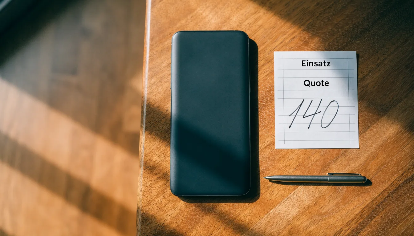 Ein Smartphone mit dunklem Display liegt neben einem leeren Papier-Wettschein und einem Stift auf einem Holztisch.