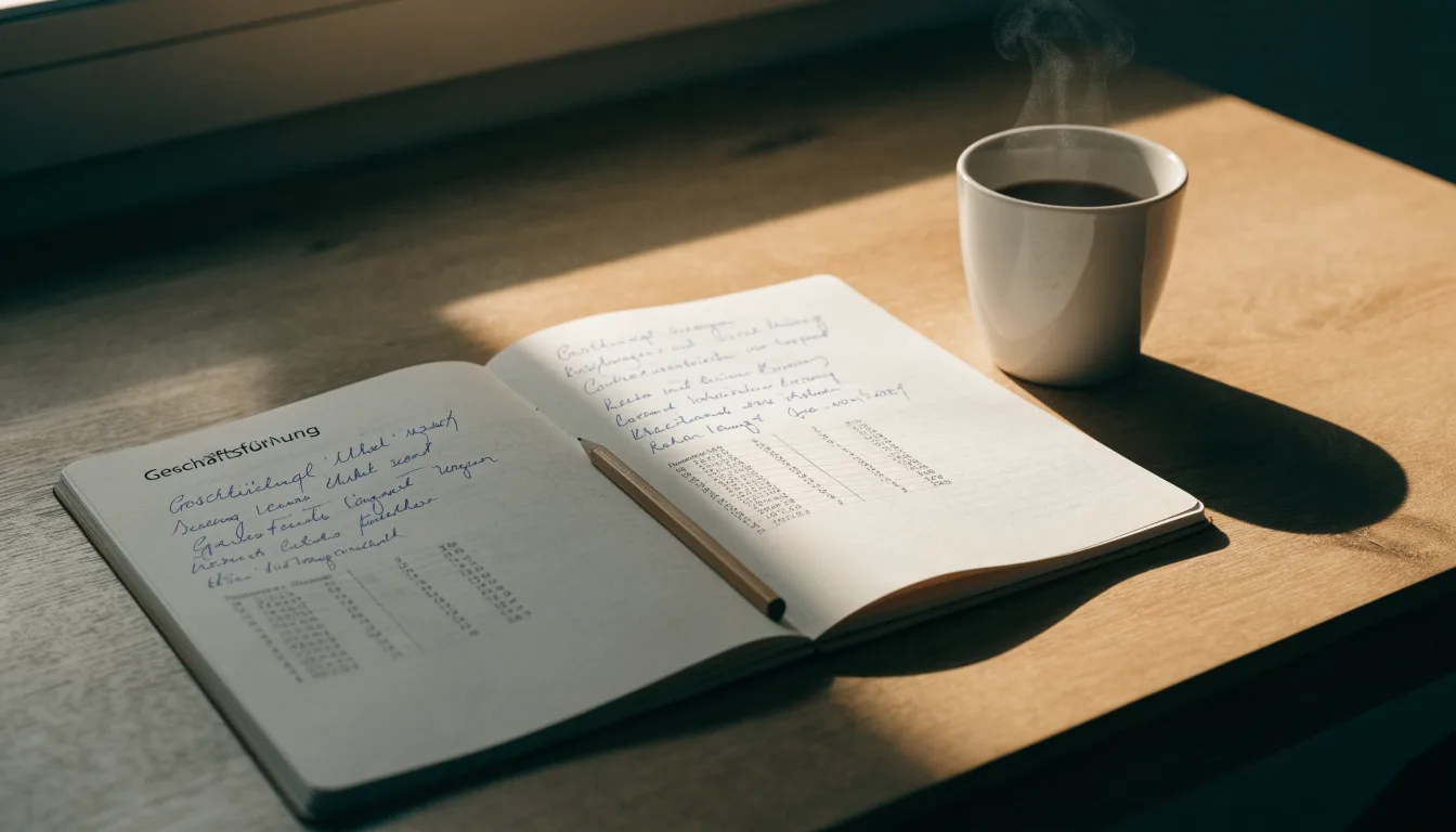 Ein Notizbuch mit handschriftlichen Notizen und einem Bleistift liegt auf einem Tisch, daneben steht eine Kaffeetasse im Morgenlicht.