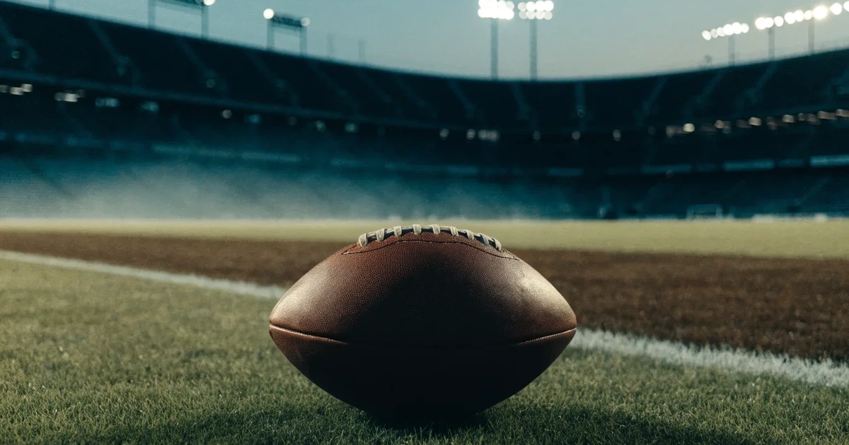 Ein American-Football-Ball liegt auf einem Rasenplatz unter Flutlicht, im Hintergrund eine große Tribüne in der Dämmerung.