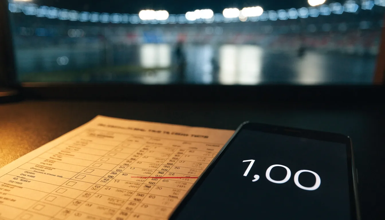 Ein Stadion unter Flutlicht von weitem betrachtet, davor ein stiller Platz bei Dunkelheit und feuchtem Asphalt.
