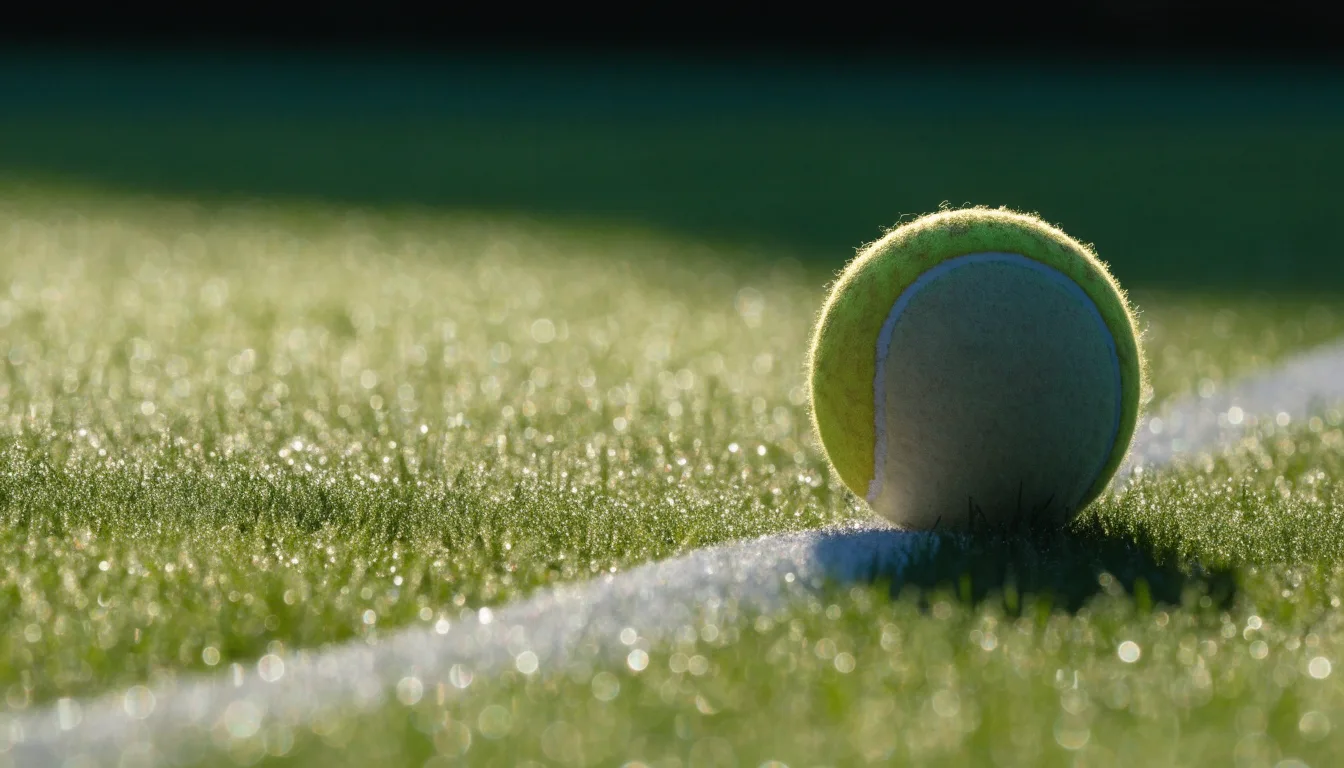 Ein Tennisball liegt auf frisch gemähtem Gras neben einer weißen Linie, Tautropfen glänzen im Gegenlicht.