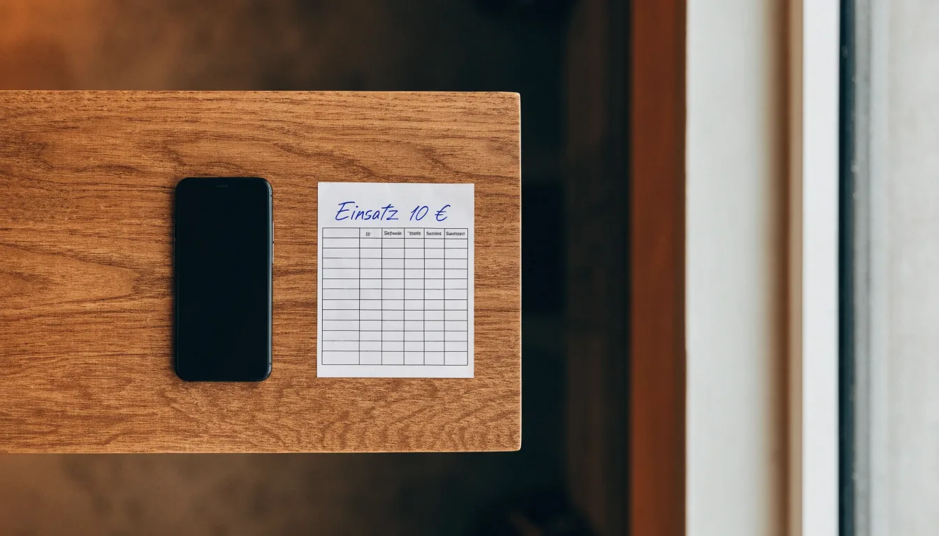 Ein Smartphone mit dunklem Display liegt neben einem leeren Papier-Wettschein auf einem Tisch am Fenster.
