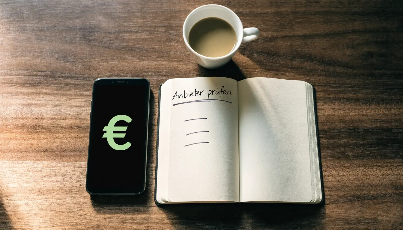 Ein Smartphone liegt auf einem Tisch neben einem Notizbuch mit handschriftlichen Notizen und einer Tasse Kaffee.
