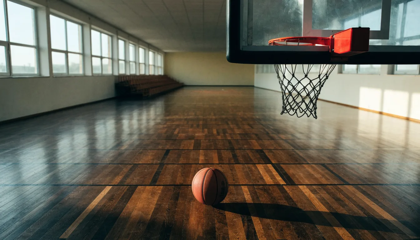 Ein Basketballkorb in einer leeren Halle, der Ball liegt unter dem Brett auf dem Parkett.