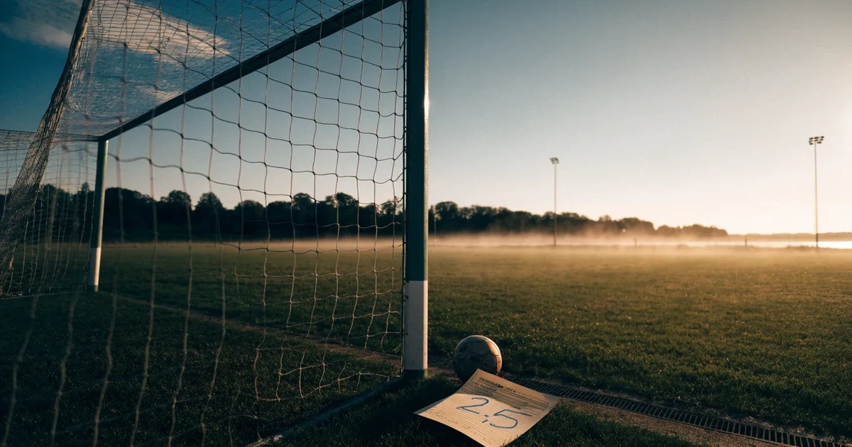 Ein Fußballtor mit Netz im Gegenlicht auf einem leeren Platz am Abend, davor ein Ball auf dem Rasen.