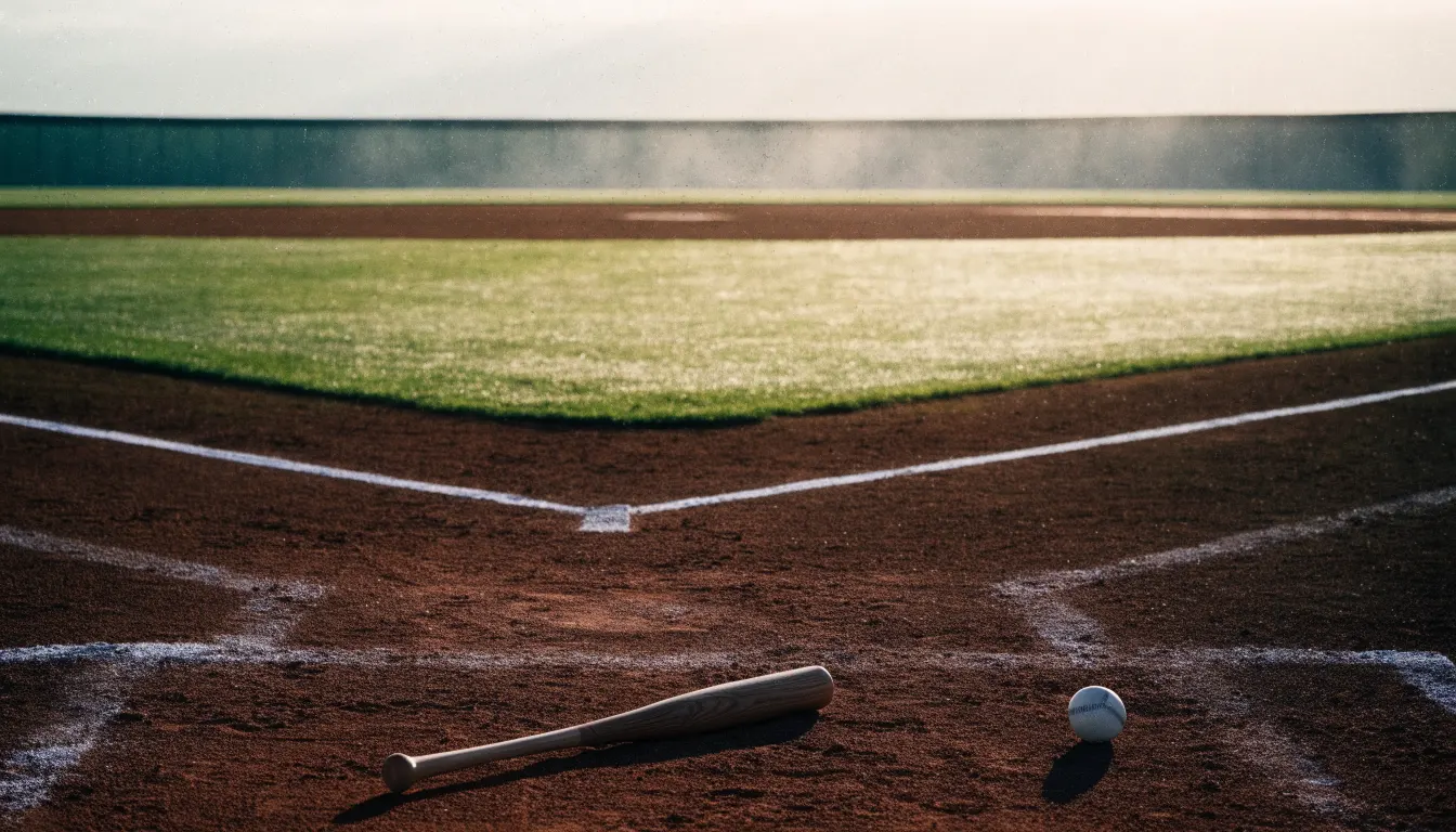 Ein Baseballfeld mit leerem Infield im Morgenlicht, die Linien frisch gezogen, keine Spieler im Bild.