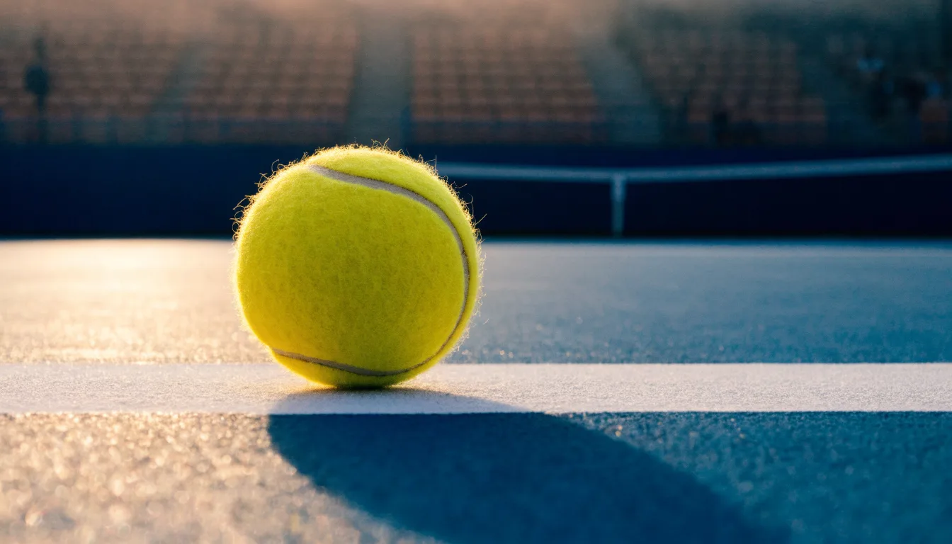 Ein Tennisball liegt in Nahaufnahme auf einer Grundlinie, dahinter verschwimmt ein leerer Platz in warmem Licht.
