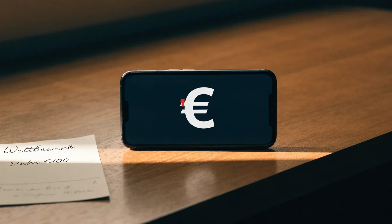 Ein Smartphone mit dunklem Display liegt neben einem leeren Papier-Wettschein auf einem Tisch, Licht fällt von der Seite.