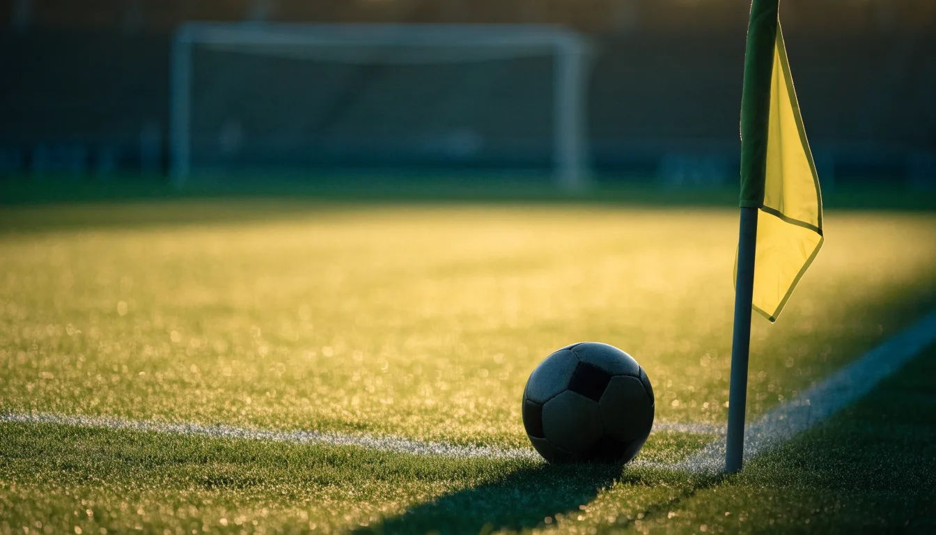 Ein Fußball liegt auf Rasen neben einer Eckfahne ohne Aufdruck auf einem leeren Platz im Morgenlicht.