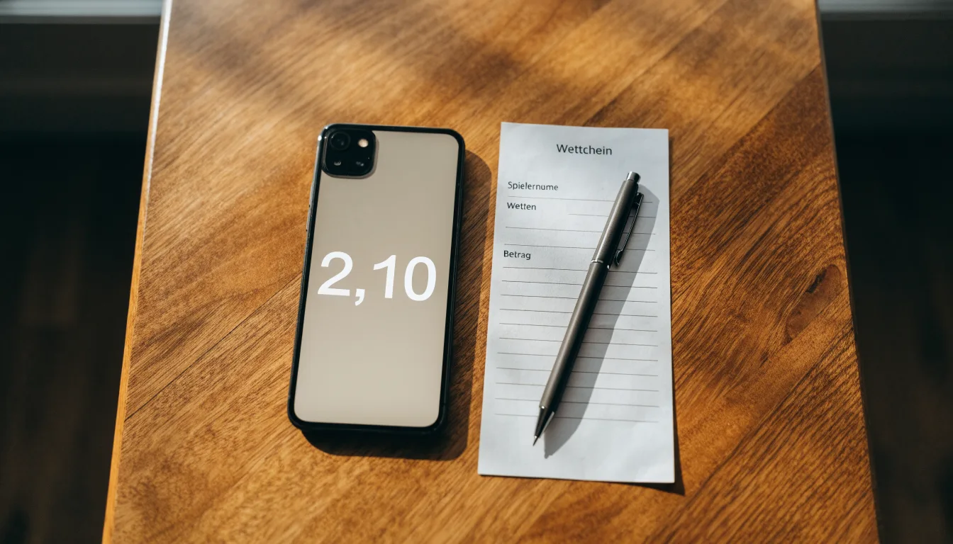 Ein Smartphone liegt mit dunklem Display neben einem leeren Papier-Wettschein und einem Stift auf einem Holztisch.