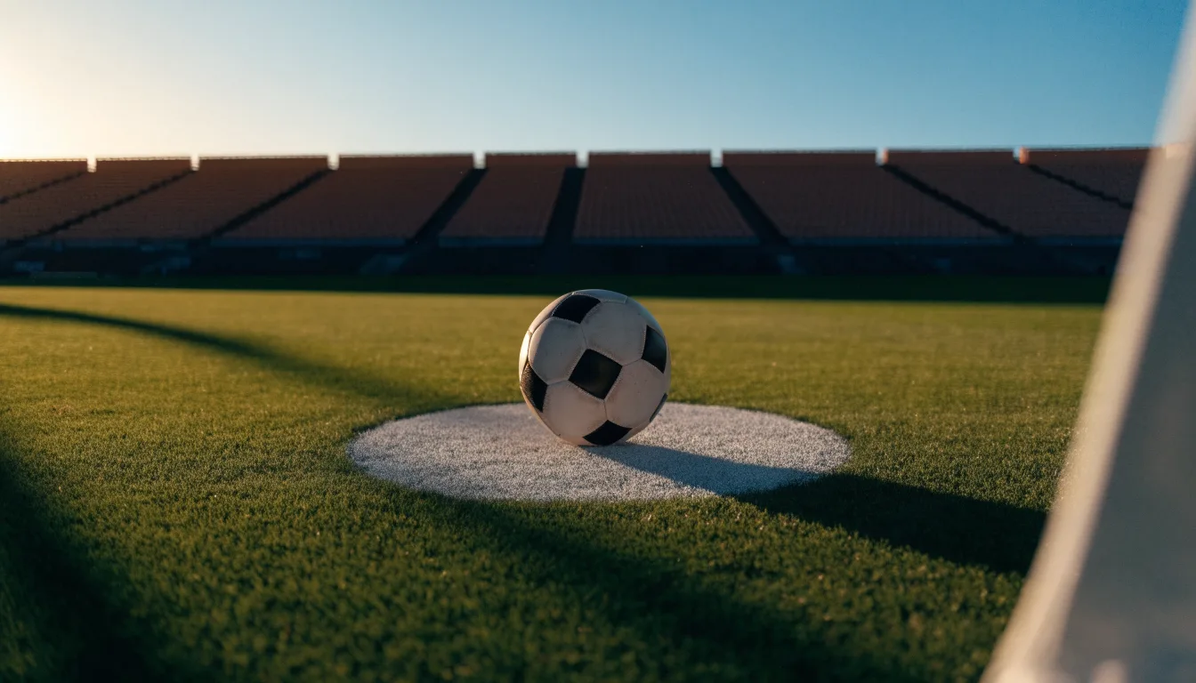 Ein Fußball liegt auf dem Anstoßpunkt eines Rasenplatzes, dahinter eine leere Tribüne im Abendlicht.