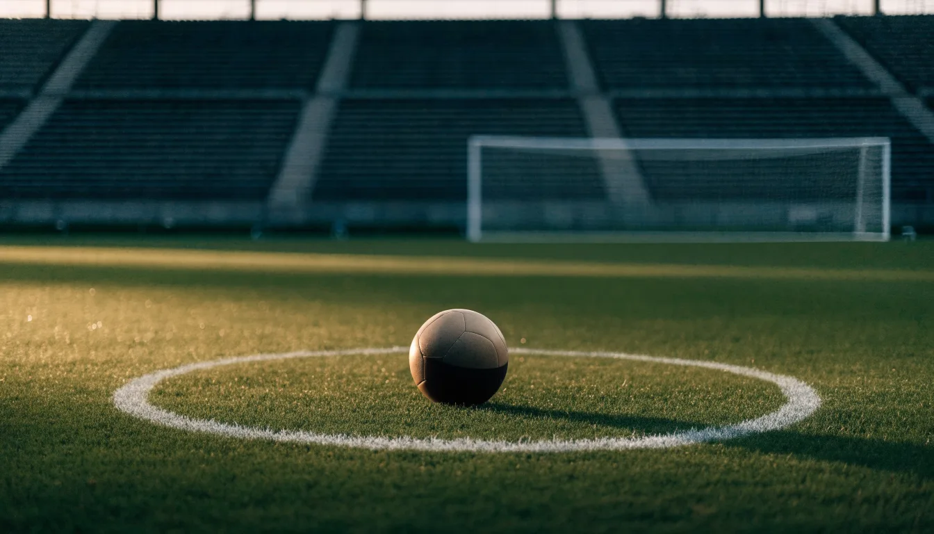 Ein Fußball liegt auf dem Anstoßpunkt eines Rasenplatzes, dahinter eine leere Tribüne im Abendlicht.