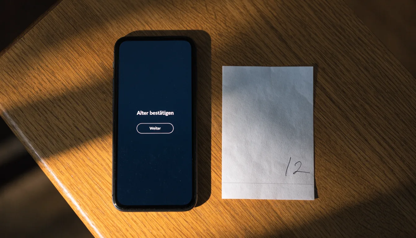 Ein Smartphone mit dunklem Display liegt neben einem leeren Papier-Wettschein auf einem Holztisch, Licht fällt von der Seite.