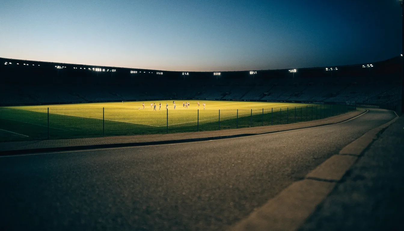Ein Stadion unter Flutlicht aus großer Entfernung, davor eine leere Straße in der Abenddämmerung.